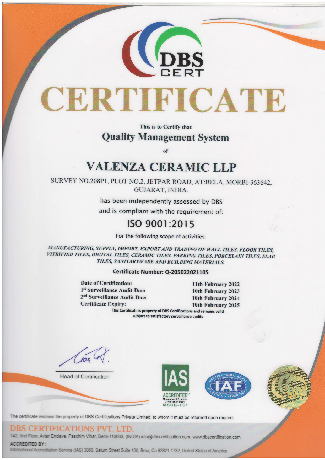 Valenza ISO Certificate